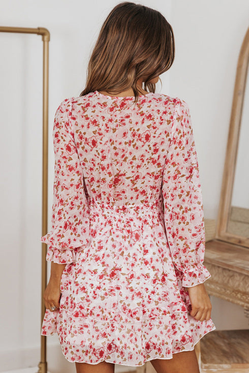 Lantern Sleeve Deep V Neck Knotted Tiered Mini Dress